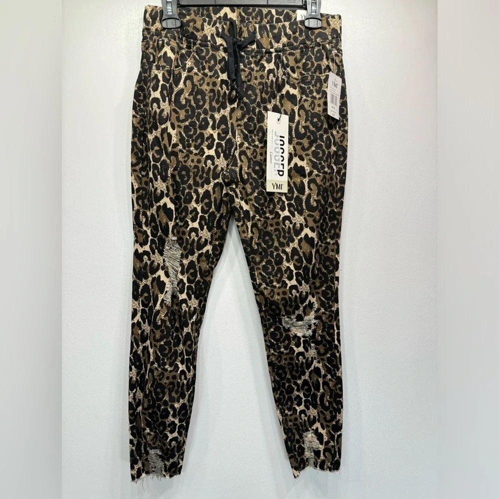 Leopard Animal Print Joggers YMI Distressed Raw Hem High Rise 5 Pocket Mobwife